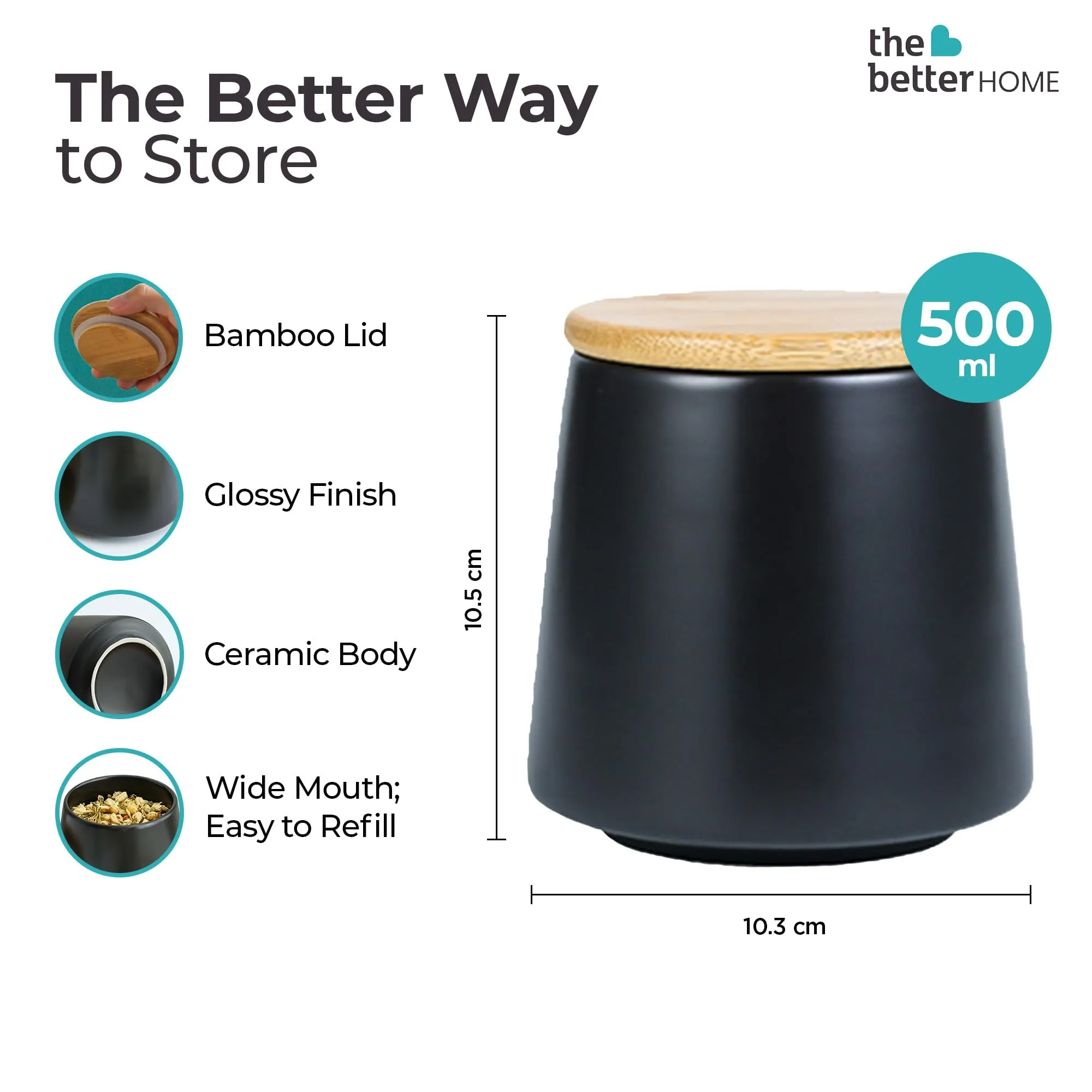 The Better Home UMAI Ceramic Jar | 500ml | Black | YX01-S-BK