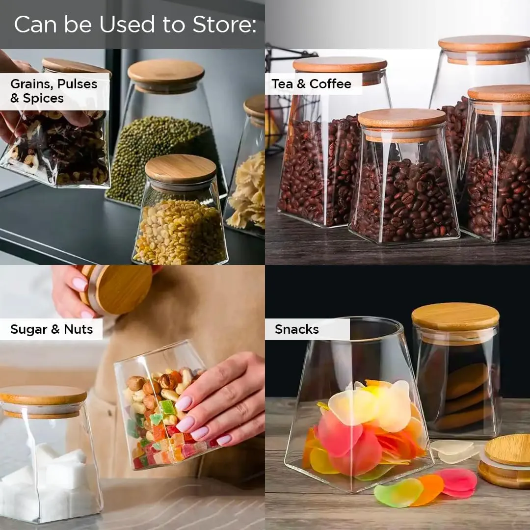 The Better Home Zen Series Borosilicate Containers with Lid 360ml |Container for Kitchen Storage Set | Leakproof, Airtight Storage Jar for Glass Jars with Wooden Lid |Pyramid Collection Set of 2