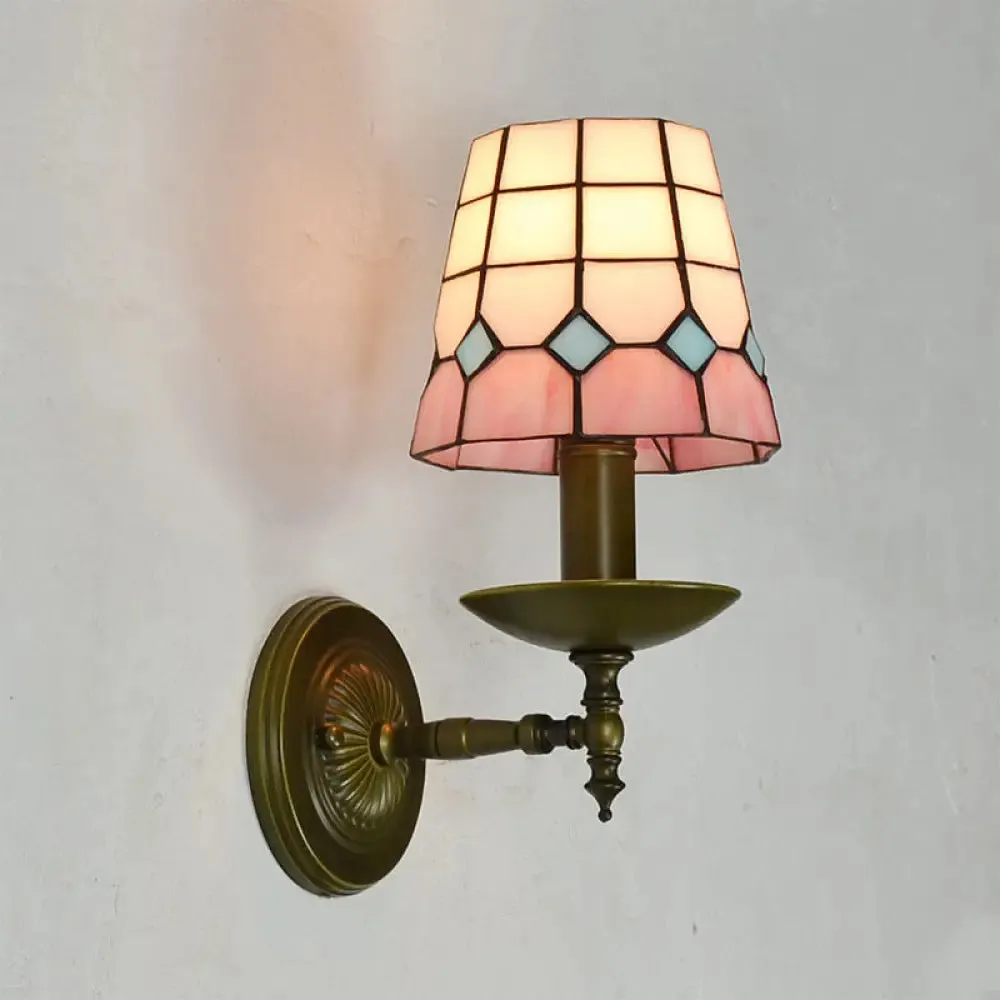 Tiffany Hand-Cut Glass Wall Sconce Light with Grid Pattern in Orange/Blue/Green