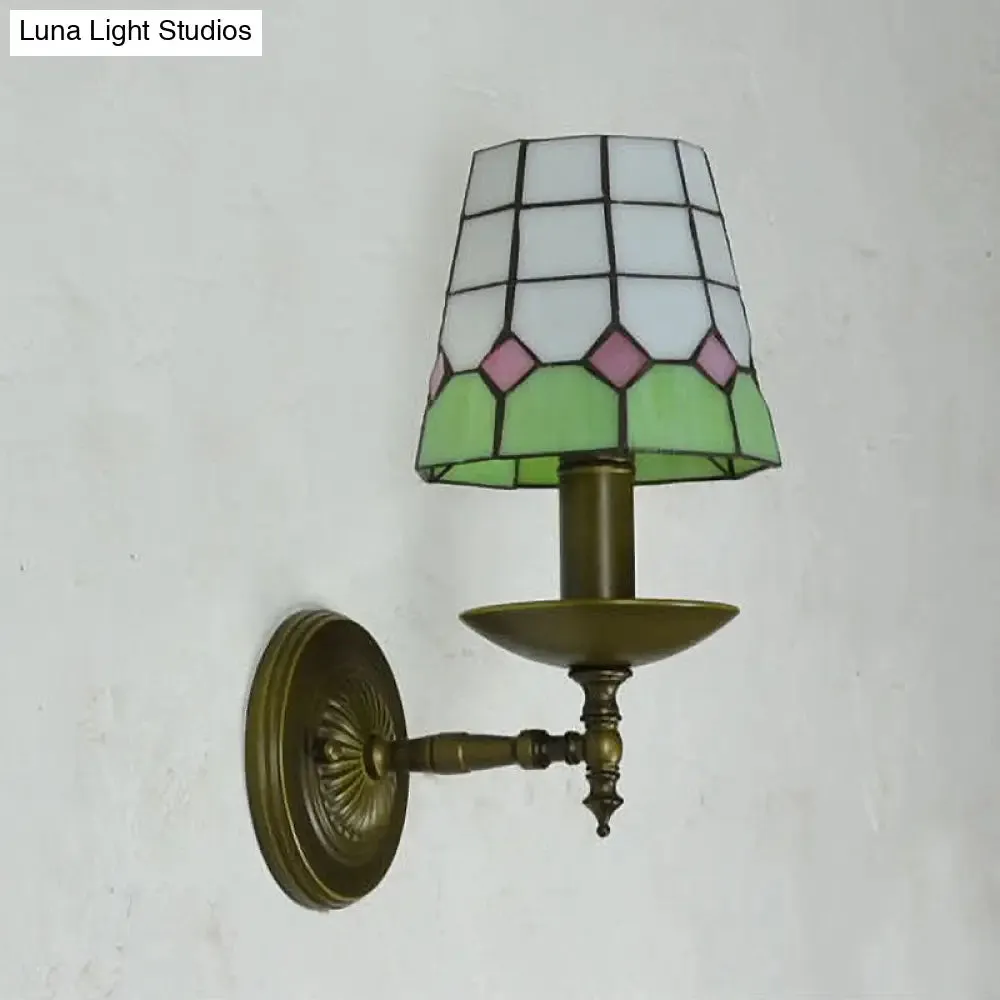 Tiffany Hand-Cut Glass Wall Sconce Light with Grid Pattern in Orange/Blue/Green