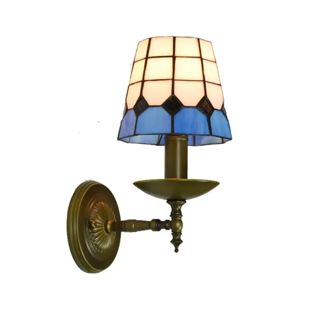 Tiffany Hand-Cut Glass Wall Sconce Light with Grid Pattern in Orange/Blue/Green