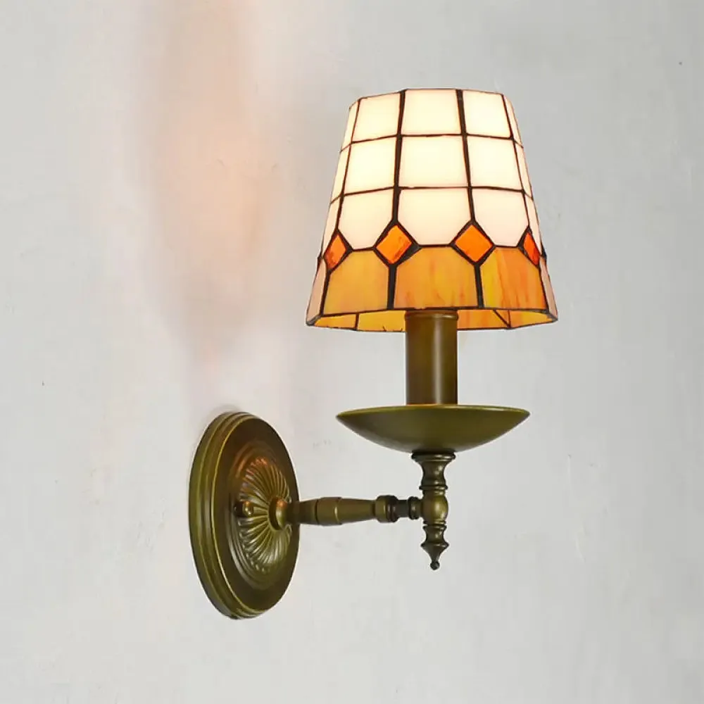 Tiffany Hand-Cut Glass Wall Sconce Light with Grid Pattern in Orange/Blue/Green