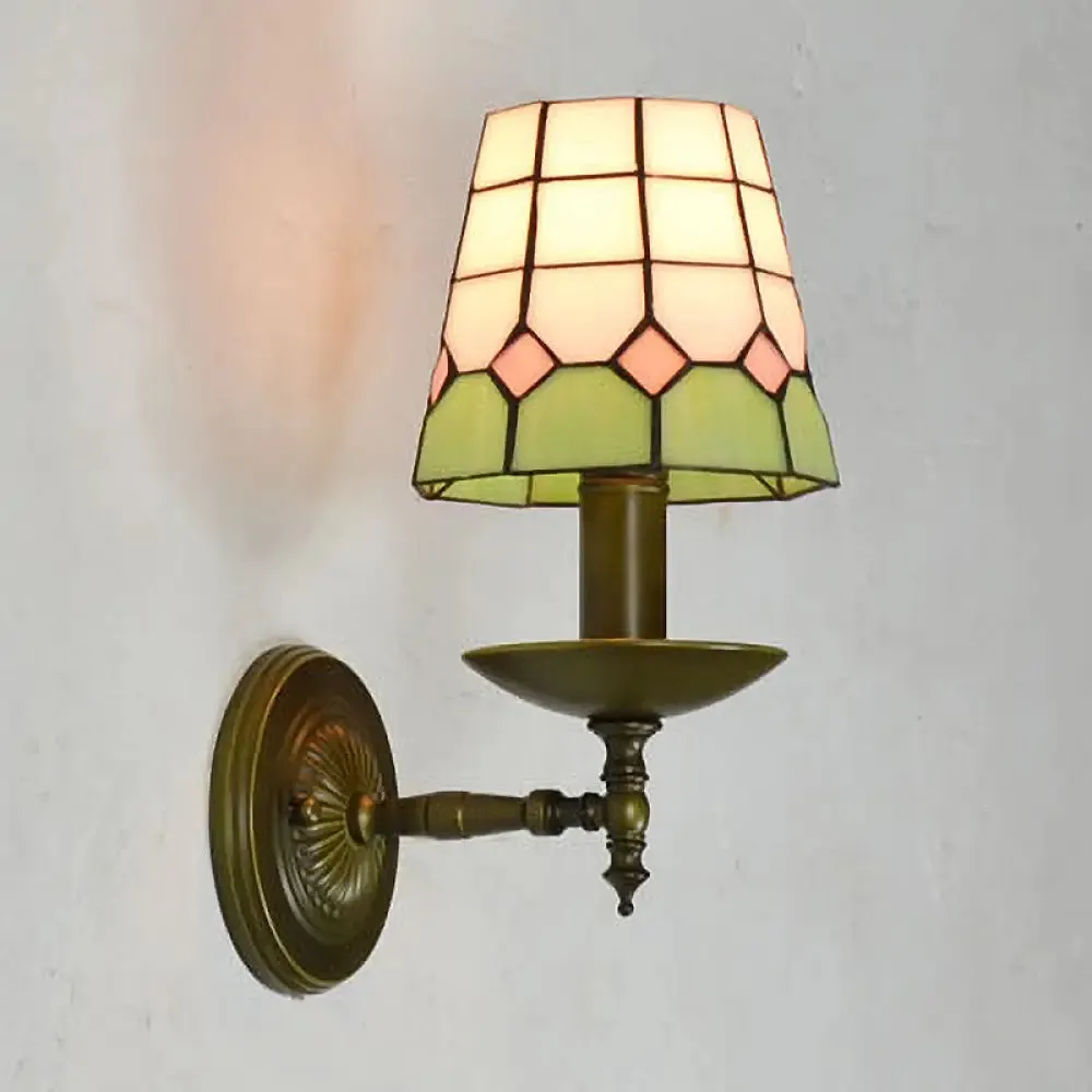Tiffany Hand-Cut Glass Wall Sconce Light with Grid Pattern in Orange/Blue/Green