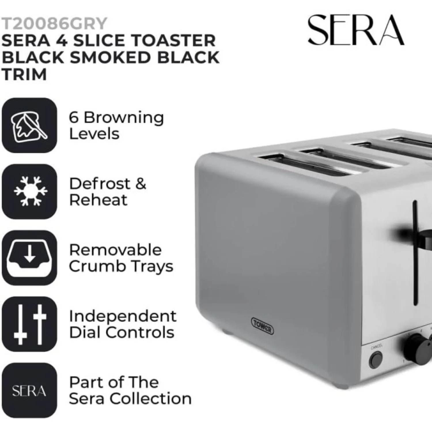 Tower Sera 4 Slice Toaster  - Grey
