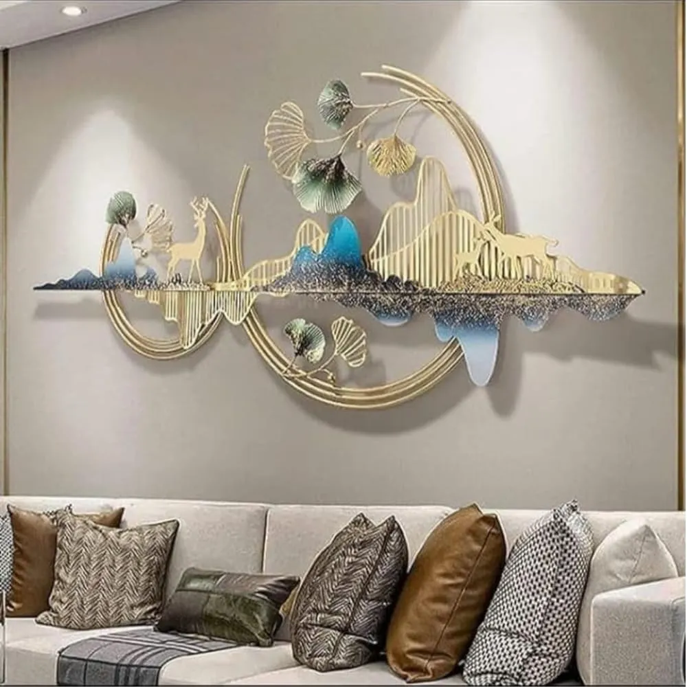 ULTRA SHINE HOME DECOR Metal Wall Art Mountain with Deer for Living Room (52 * 24 Inch) | Metal Wall Hanging Decor for Wall Decoration | Large Wall Sculpture for Bedroom, Guest Room, Home & Office