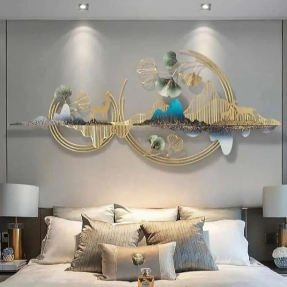 ULTRA SHINE HOME DECOR Metal Wall Art Mountain with Deer for Living Room (52 * 24 Inch) | Metal Wall Hanging Decor for Wall Decoration | Large Wall Sculpture for Bedroom, Guest Room, Home & Office