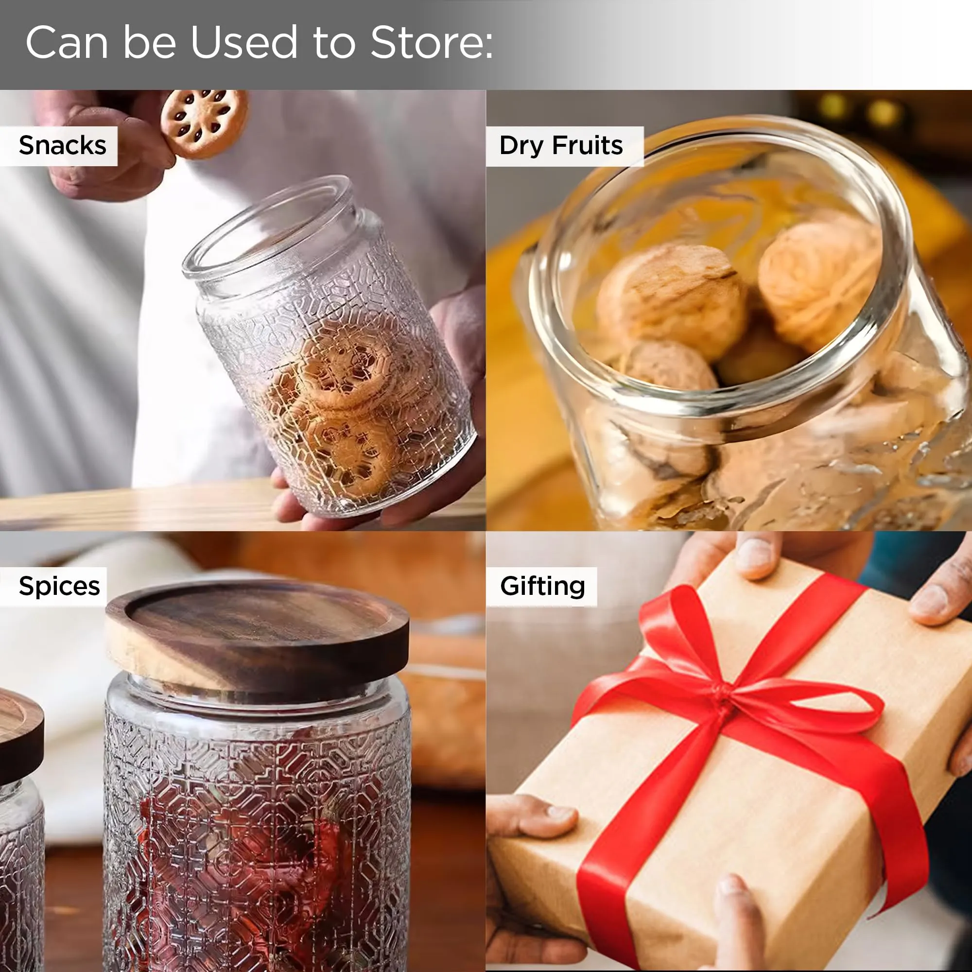 UMAI Glass Jar With Wooden Lid | Airtight Kitchen Containers For Storage | Textured Glass Jars for Kitchen (800ml)