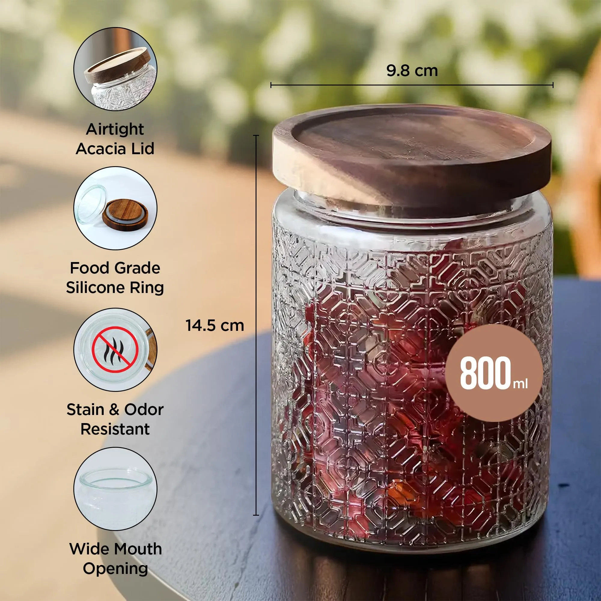 UMAI Glass Jar With Wooden Lid | Airtight Kitchen Containers For Storage | Textured Glass Jars for Kitchen (800ml)