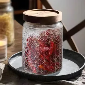 UMAI Glass Jar With Wooden Lid | Airtight Kitchen Containers For Storage | Textured Glass Jars for Kitchen (800ml)
