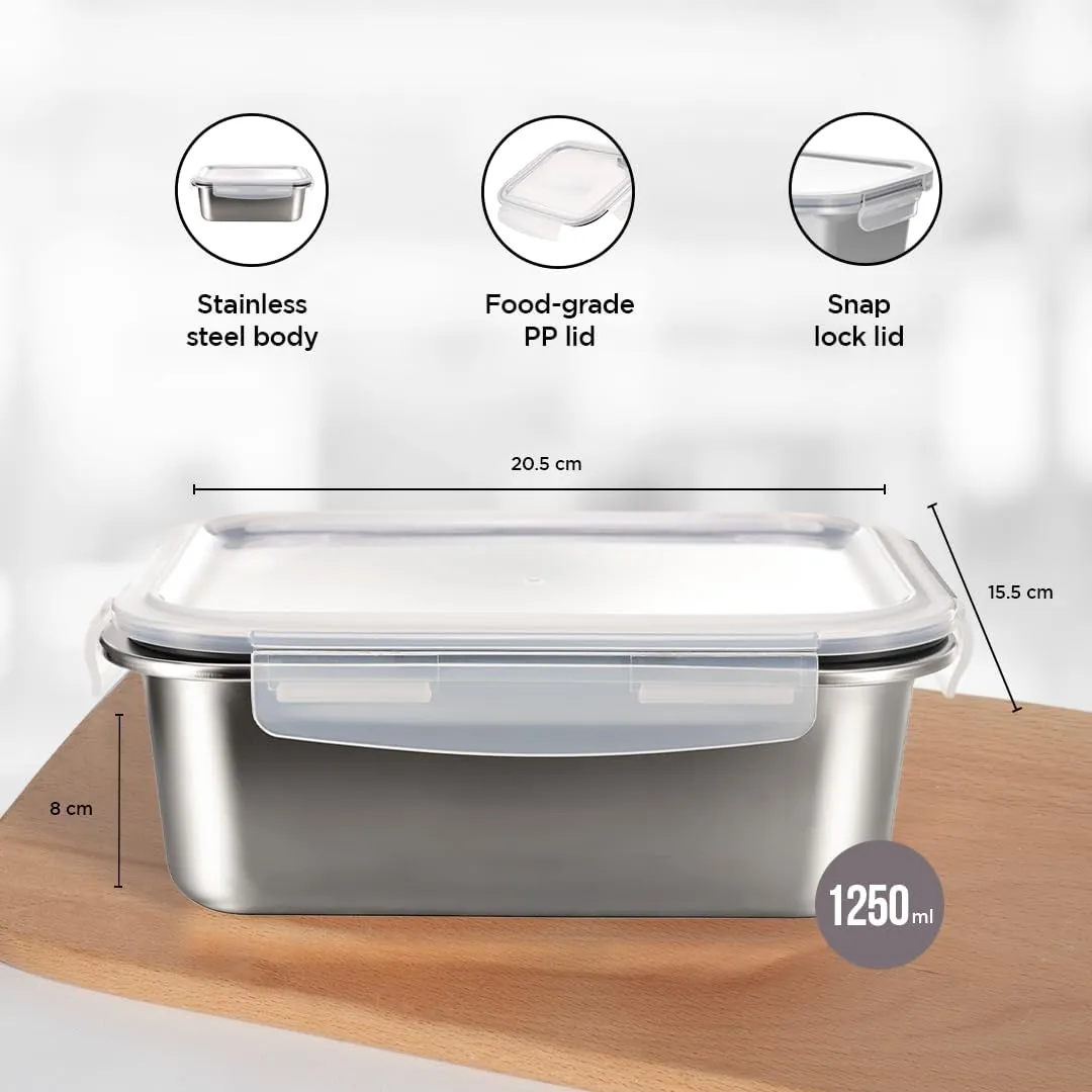 Urbane Home Stainless Steel Food Container | Leakproof | Snap Lock Lid | Airtight | Lunch Box for Office Men, Women, Kids | Steel Tiffin Box (1250ml, Pack of 2)