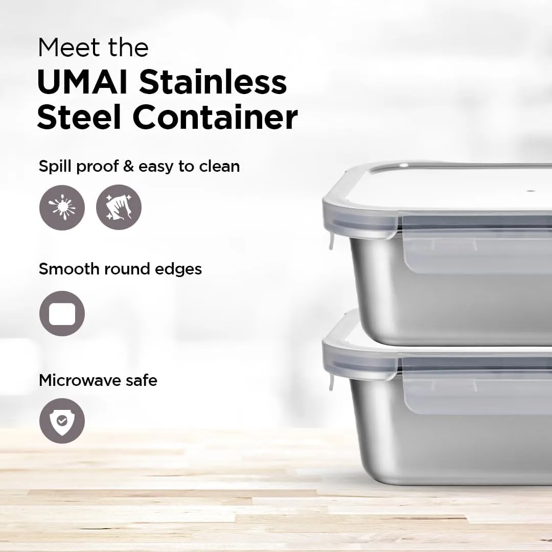 Urbane Home Stainless Steel Food Container | Leakproof | Snap Lock Lid | Airtight | Lunch Box for Office Men, Women, Kids | Steel Tiffin Box (1250ml, Pack of 2)