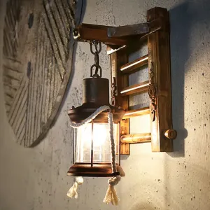 Vintage Clear Glass Wall Sconce with Antique Copper Cylinder, Cage, and Wooden Backplate - 1 Light Porch Lighting