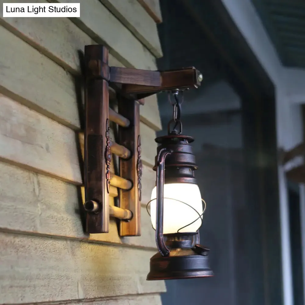 Vintage Clear Glass Wall Sconce with Antique Copper Cylinder, Cage, and Wooden Backplate - 1 Light Porch Lighting