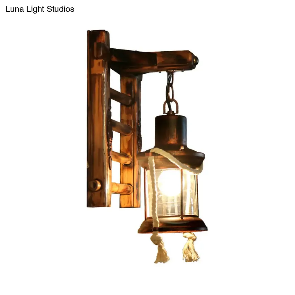 Vintage Clear Glass Wall Sconce with Antique Copper Cylinder, Cage, and Wooden Backplate - 1 Light Porch Lighting