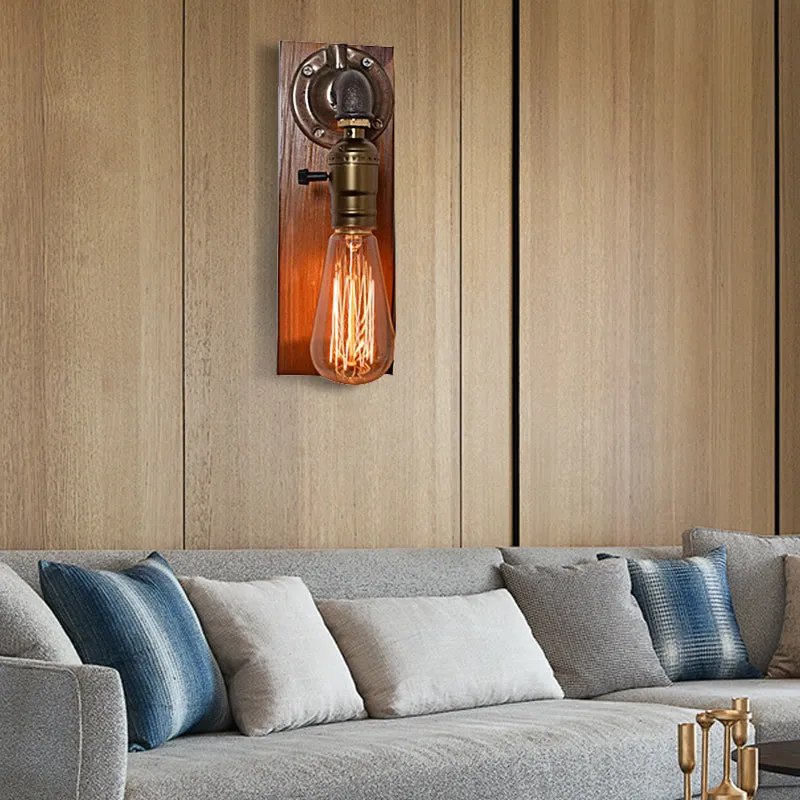Vintage Metallic Wall Lamp with Aged Brass Sconce and Open Bulb for Living Room