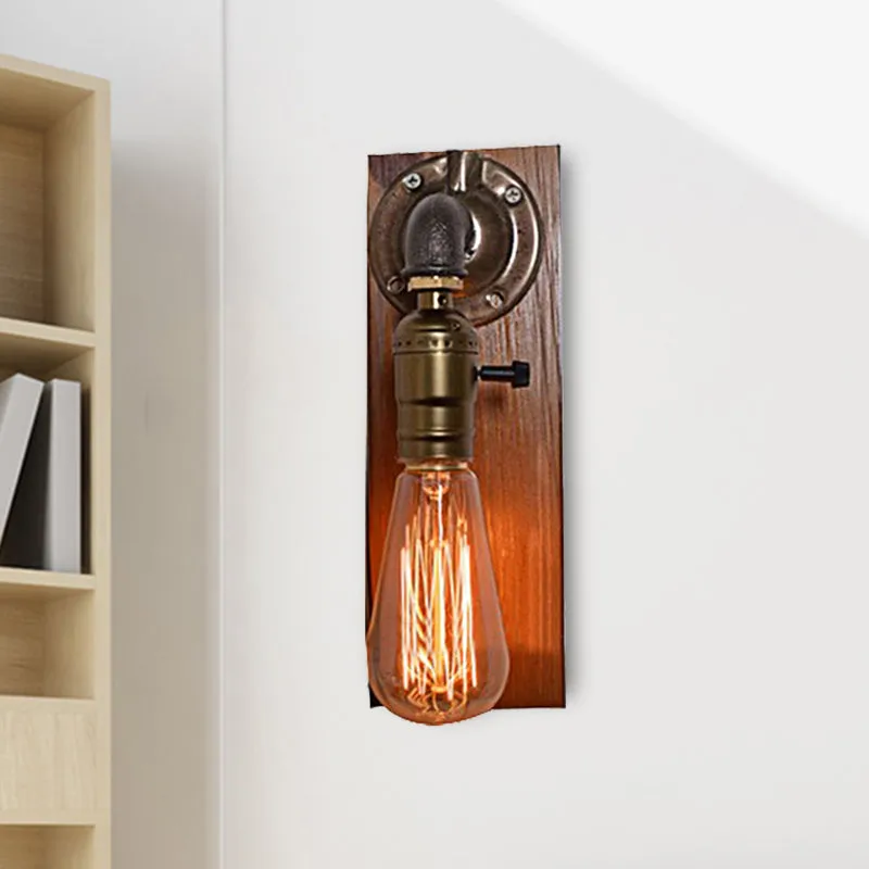 Vintage Metallic Wall Lamp with Aged Brass Sconce and Open Bulb for Living Room