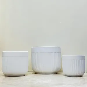 White Groove Design Ceramic Pot Set Of 3