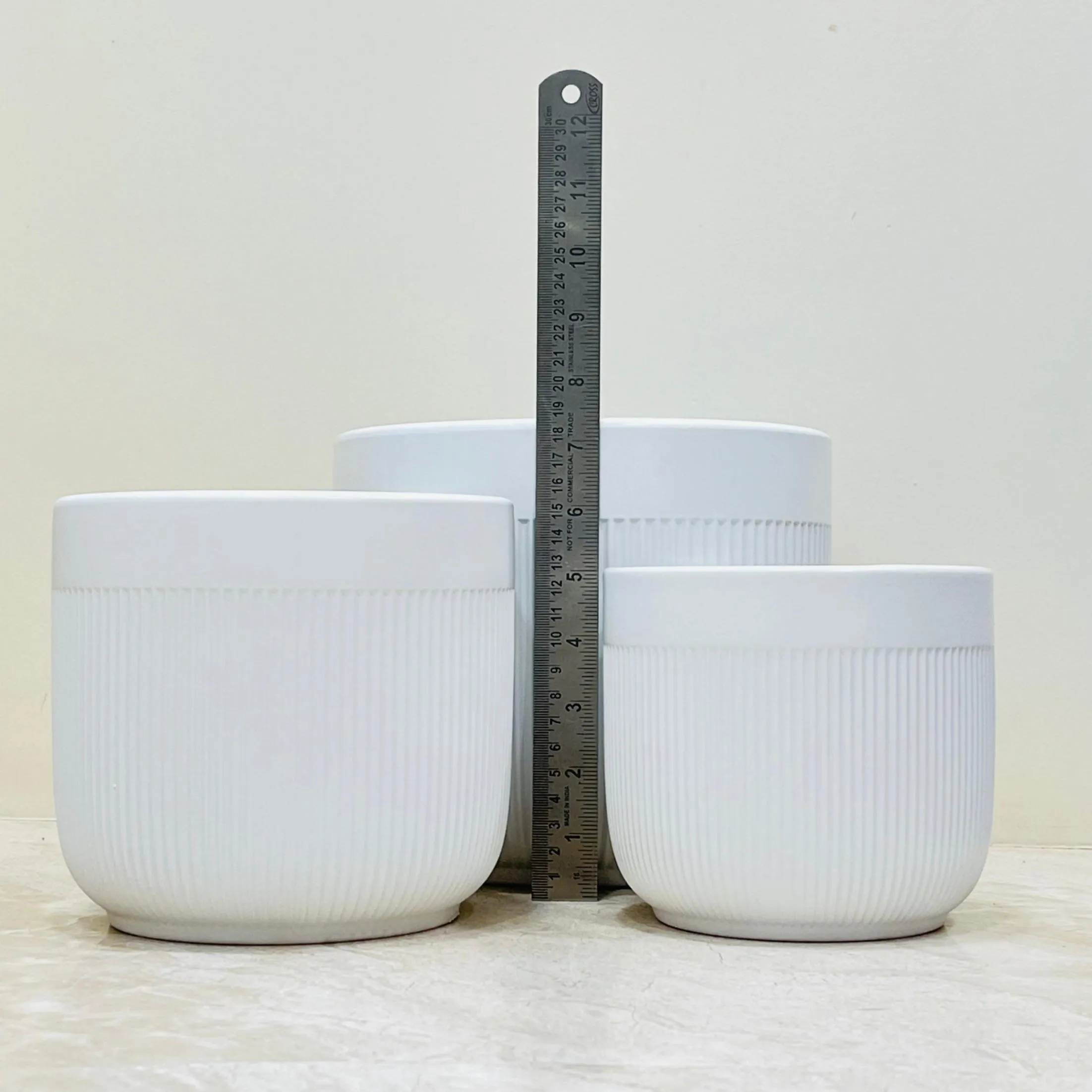 White Groove Design Ceramic Pot Set Of 3