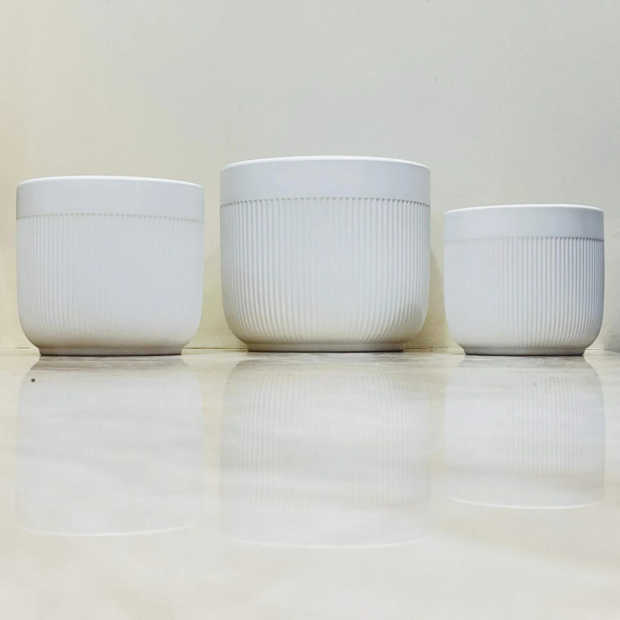 White Groove Design Ceramic Pot Set Of 3