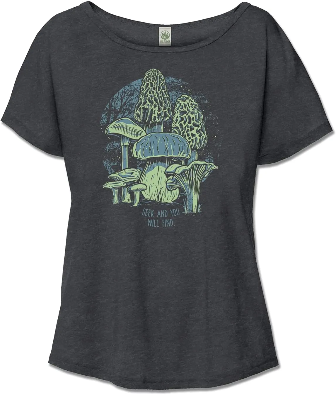 Women's Organic Cotton Mushroom Forager Recycled Slouchy Top - Black Ladies Short Sleeve Graphic Off The Shoulder Tee