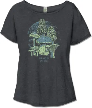 Women's Organic Cotton Mushroom Forager Recycled Slouchy Top - Black Ladies Short Sleeve Graphic Off The Shoulder Tee