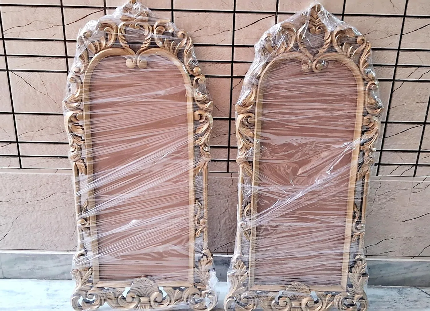 WOOD HOME DECORE Wall Hanging Wooden Mirror Frame Handcarved Royal Golden Frame Design for Living Room, Bedroom (Only Frame Without Mirror) Size 36×22×1 Inch